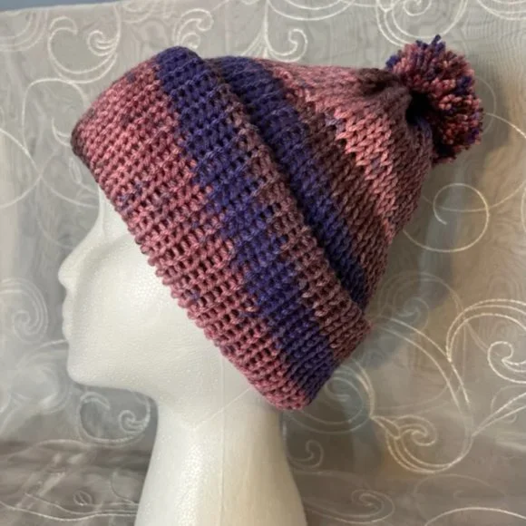 Handmade Hand knitted Purple/Pink/Brown Beanie NEW - Picture 4 of 4